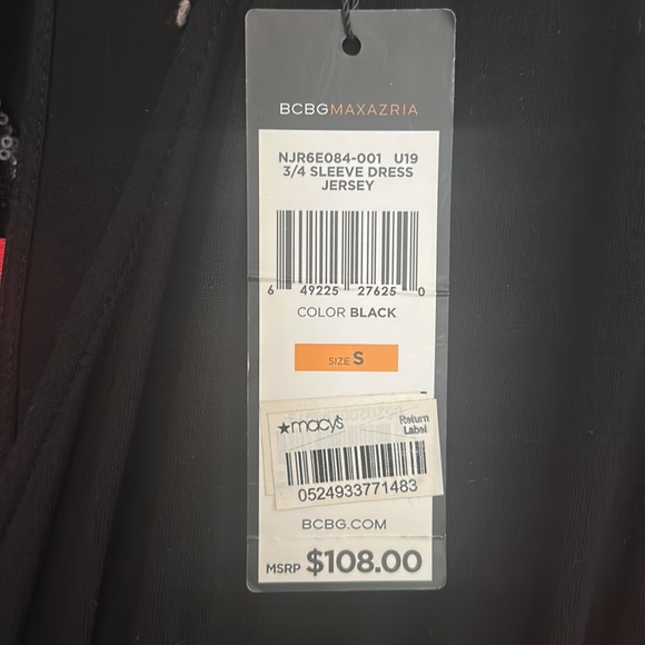 BCBGMAXAZARIA NWT Black 3/4 sleeve dress jersey Size Small - Picture 7 of 7